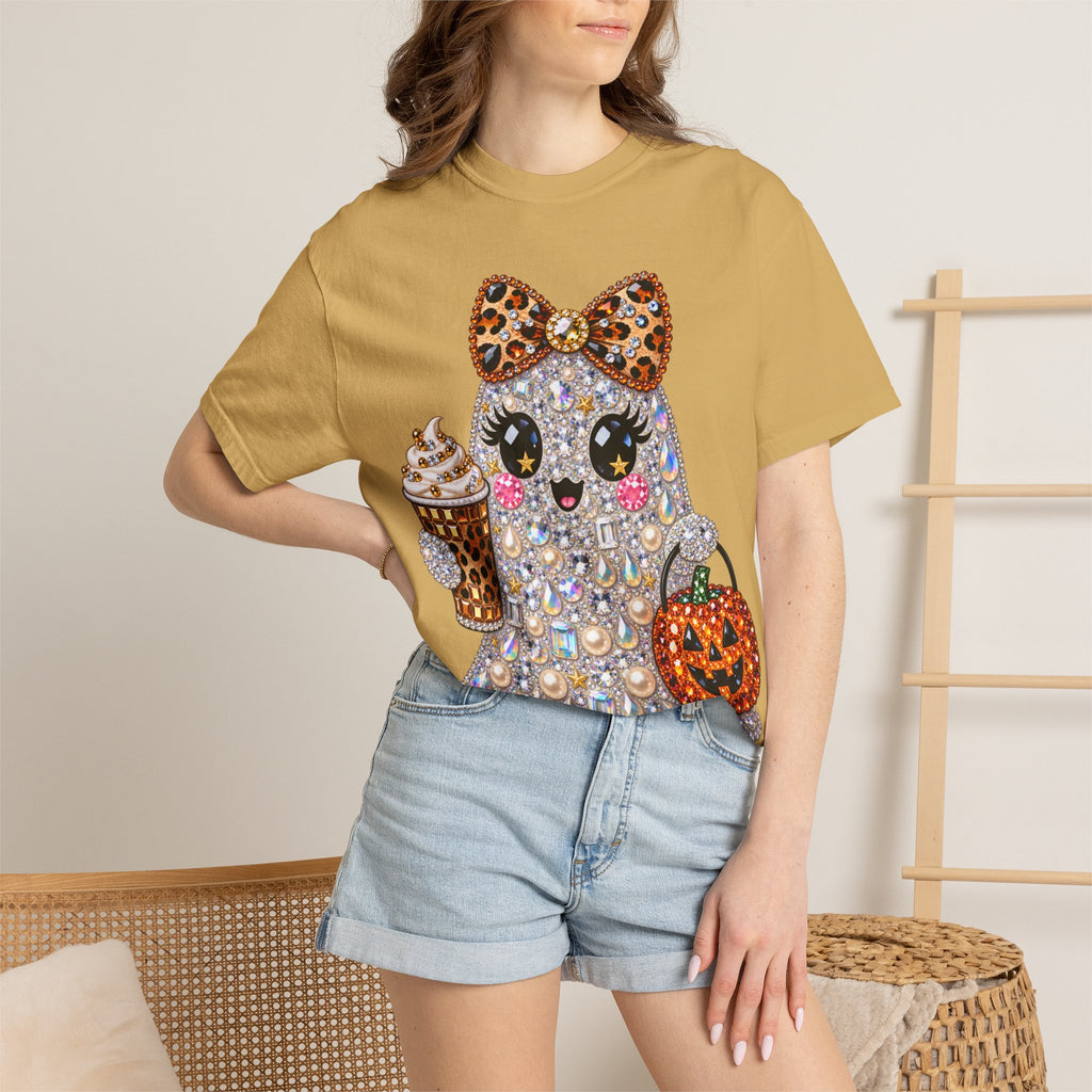 Halloween Sparkle Ghost T-Shirt — Cute Gemstone Ghost with Pumpkin & Coffee