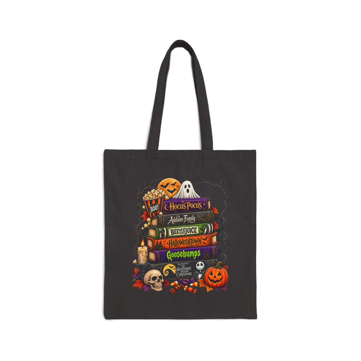 Halloween Horror Bookstack Canvas Tote — Spooky Pumpkin & Ghost Library Bag