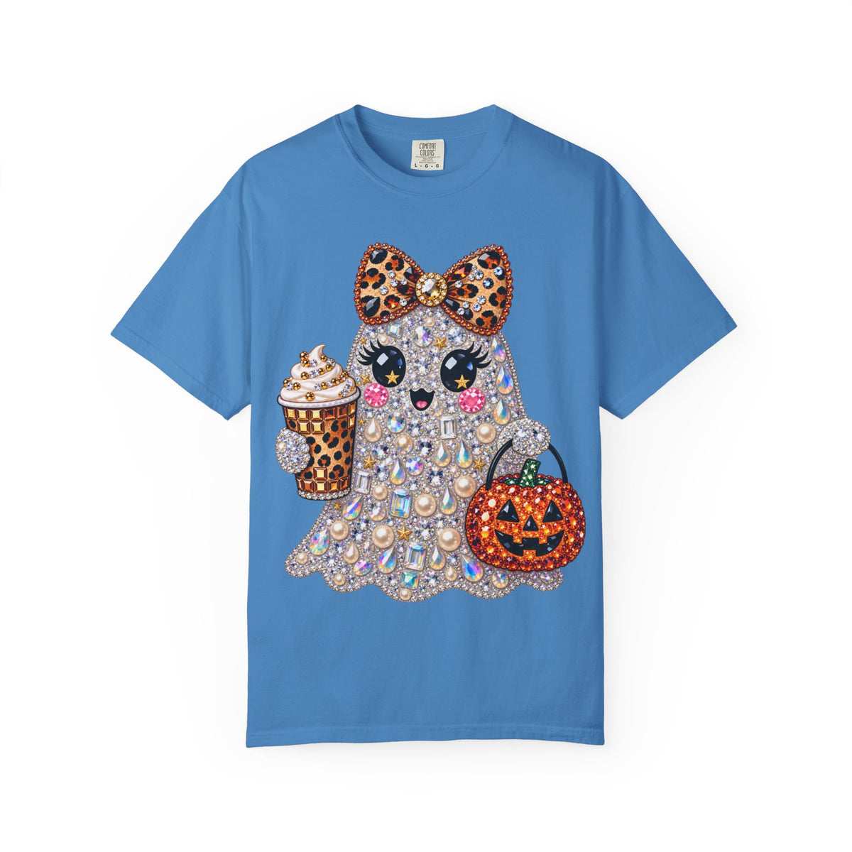 Halloween Sparkle Ghost T-Shirt — Cute Gemstone Ghost with Pumpkin & Coffee