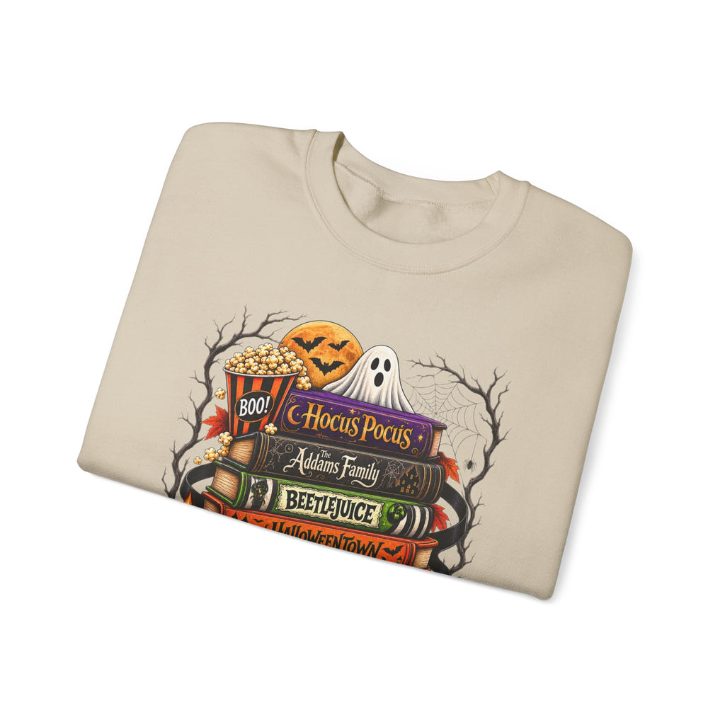 Halloween Horror Book Stack Sweatshirt — Spooky Pumpkin & Skull Cozy Crewneck