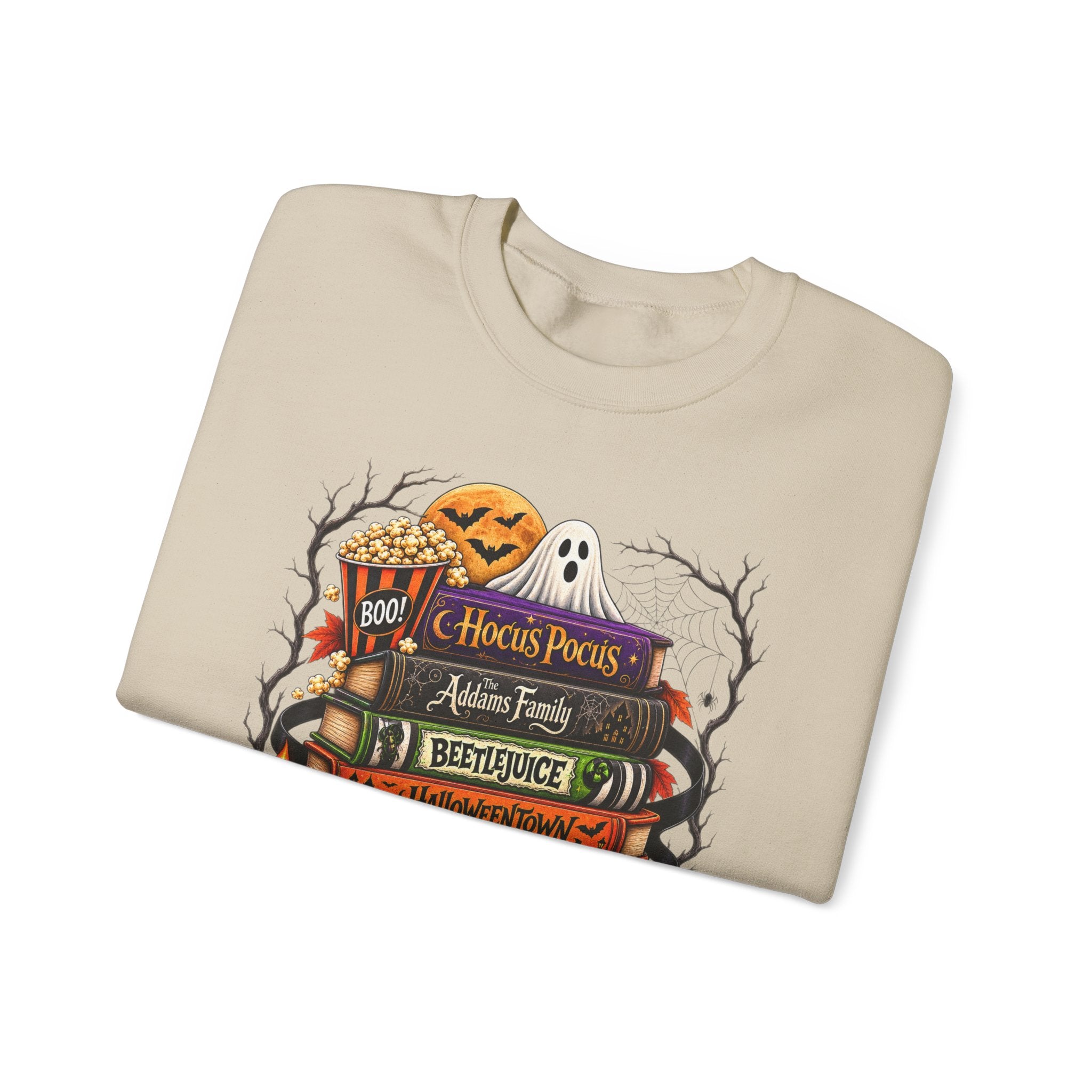 Halloween Horror Book Stack Sweatshirt — Spooky Pumpkin & Skull Cozy Crewneck