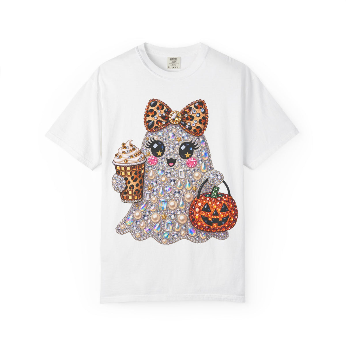 Halloween Sparkle Ghost T-Shirt — Cute Gemstone Ghost with Pumpkin & Coffee