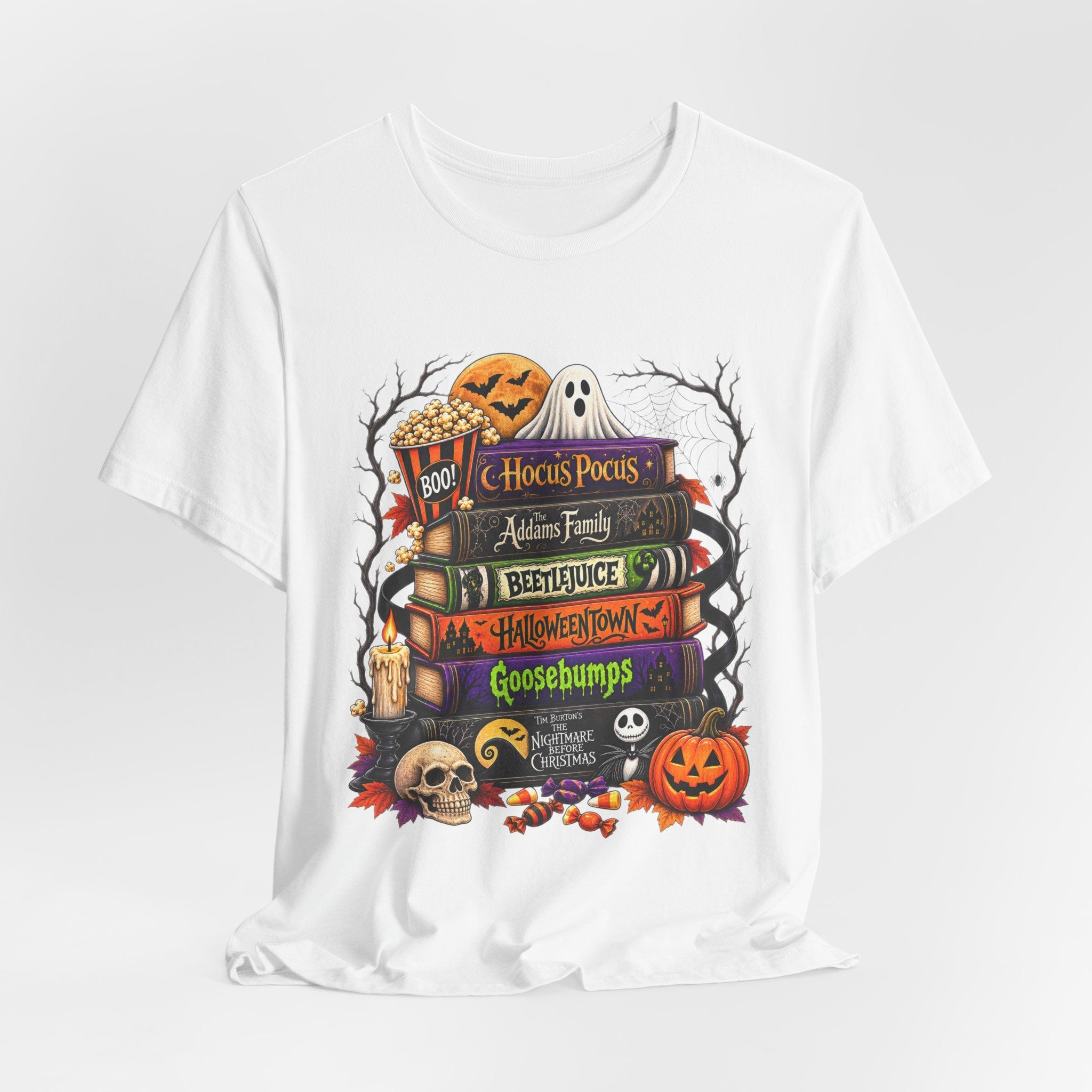 Halloween Horror Book Stack Tee — Hocus Pocus, Beetlejuice, Goosebumps Graphic T-Shirt