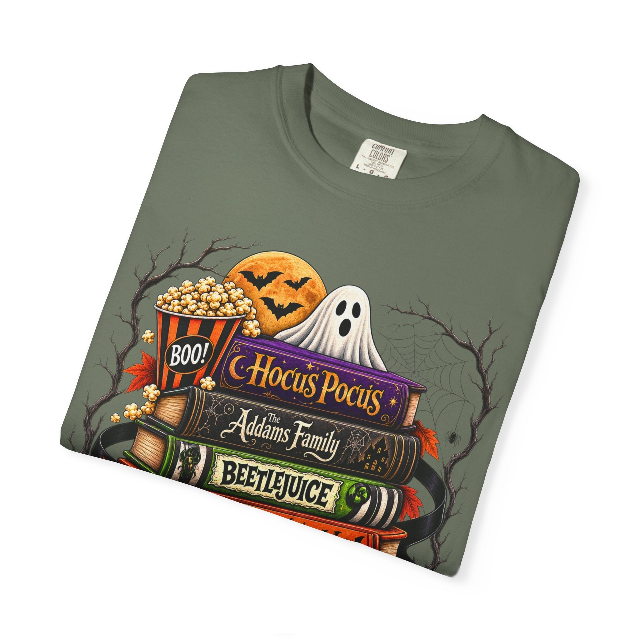 Halloween Horror Book Stack T-Shirt — Hocus Pocus, Beetlejuice, Goosebumps Design