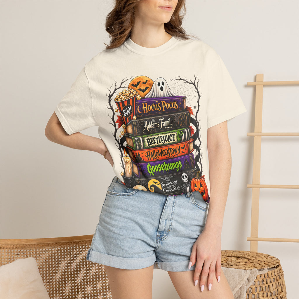 Halloween Horror Book Stack T-Shirt — Hocus Pocus, Beetlejuice, Goosebumps Design