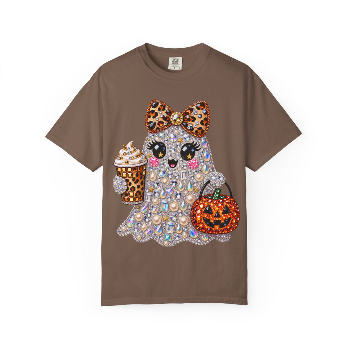 Halloween Sparkle Ghost T-Shirt — Cute Gemstone Ghost with Pumpkin & Coffee