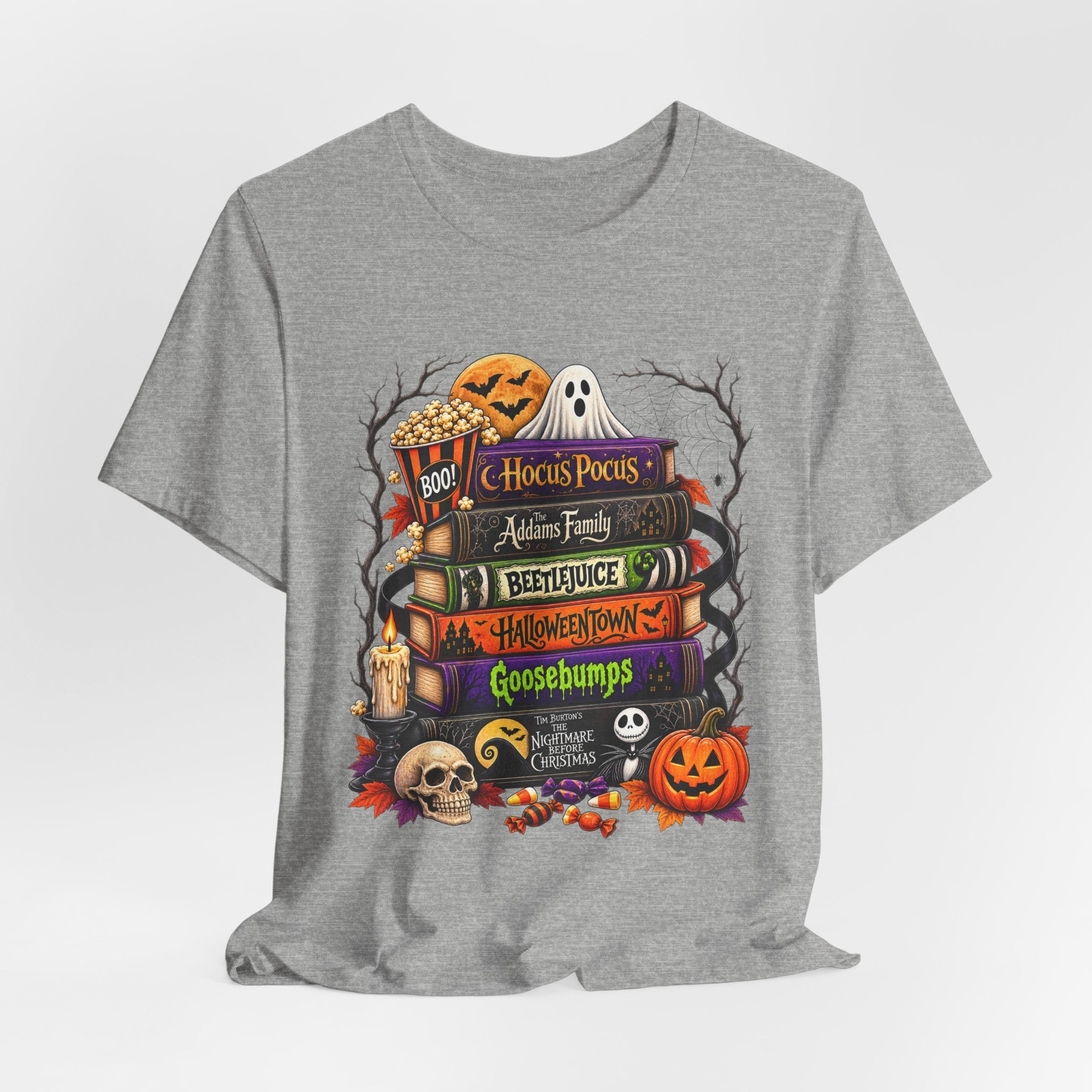 Halloween Horror Book Stack Tee — Hocus Pocus, Beetlejuice, Goosebumps Graphic T-Shirt