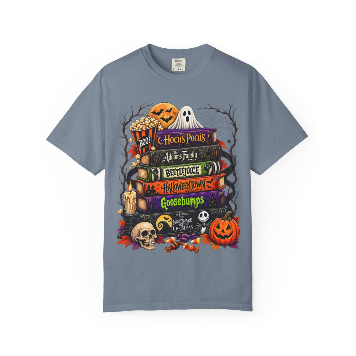Halloween Horror Book Stack T-Shirt — Hocus Pocus, Beetlejuice, Goosebumps Design