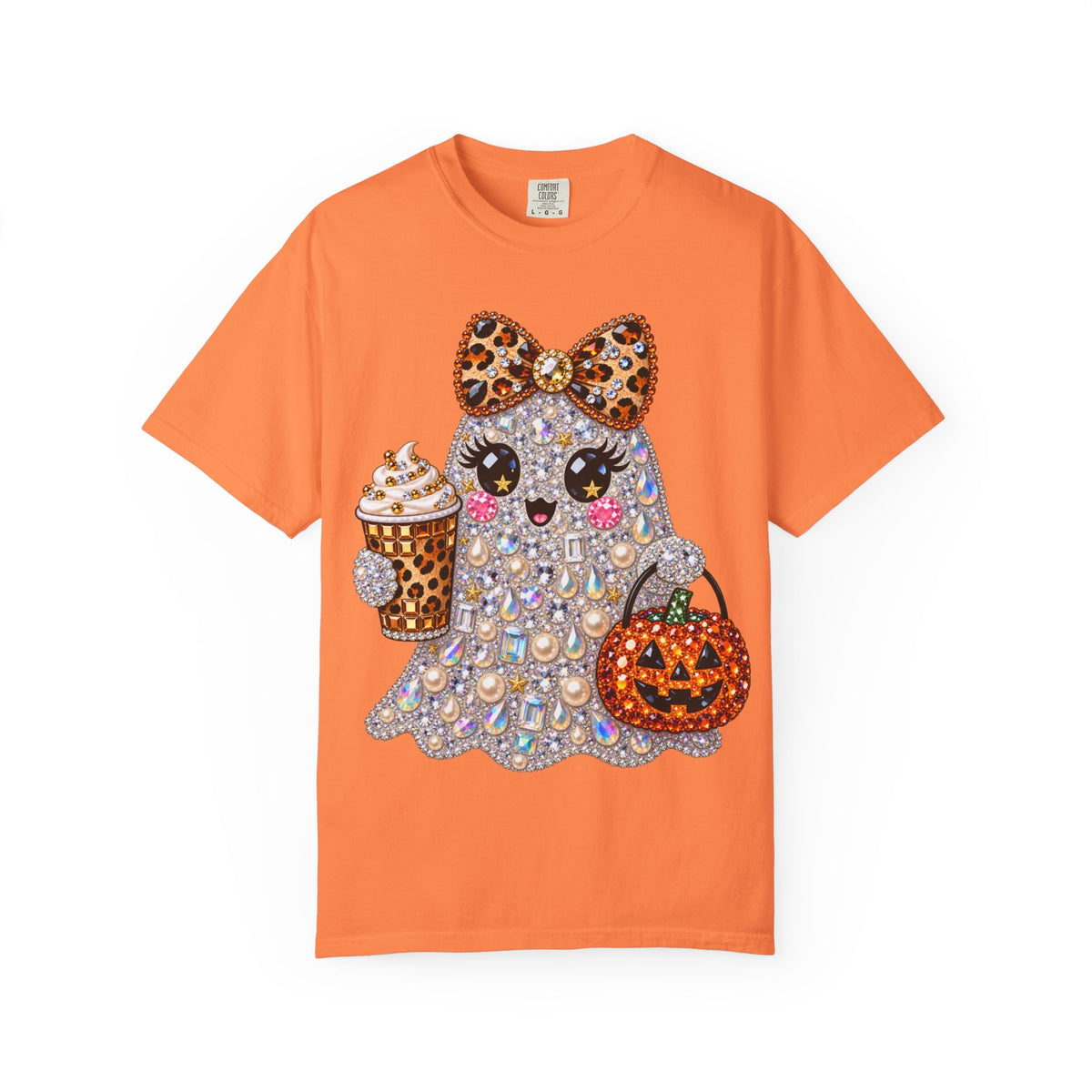 Halloween Sparkle Ghost T-Shirt — Cute Gemstone Ghost with Pumpkin & Coffee