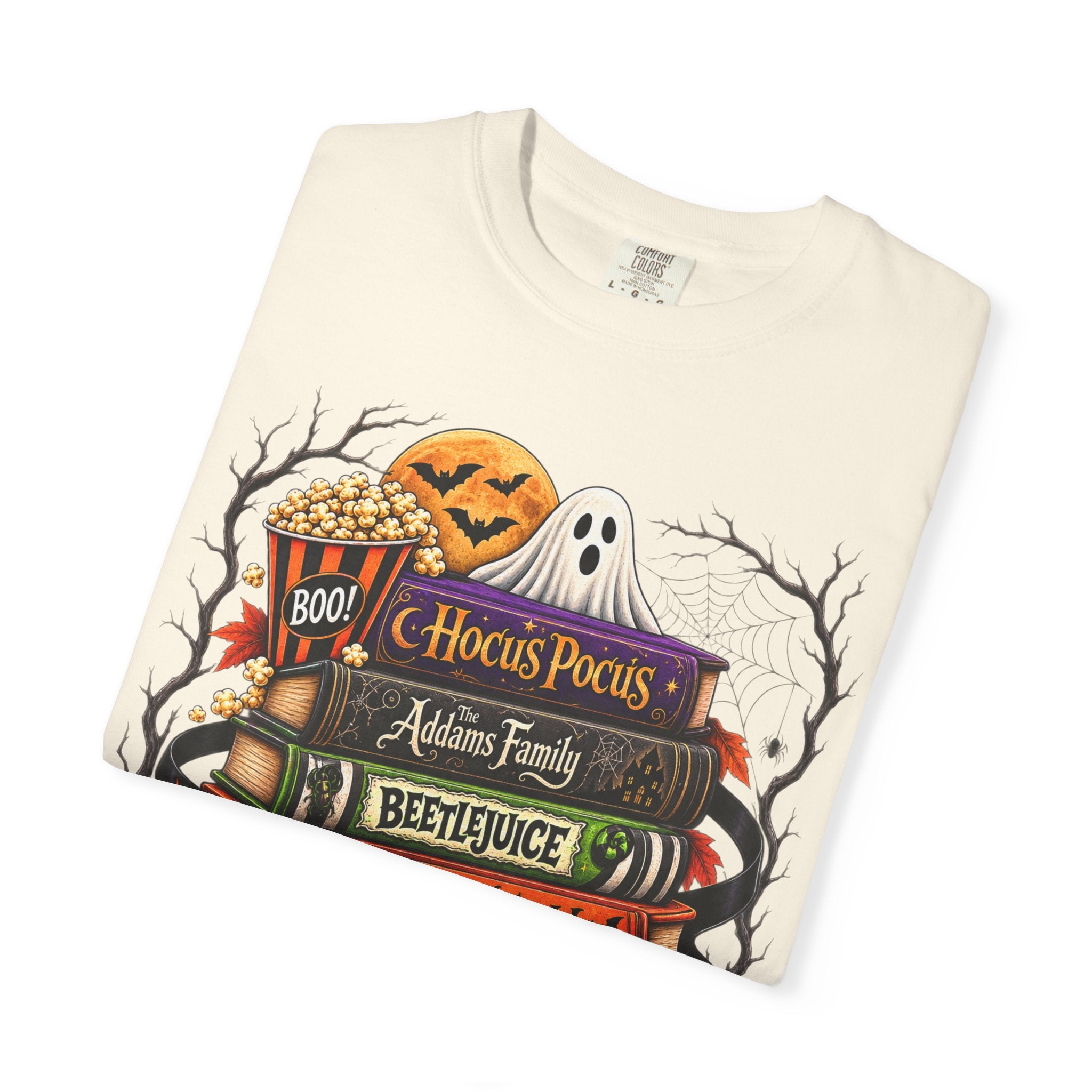 Halloween Horror Book Stack T-Shirt — Hocus Pocus, Beetlejuice, Goosebumps Design