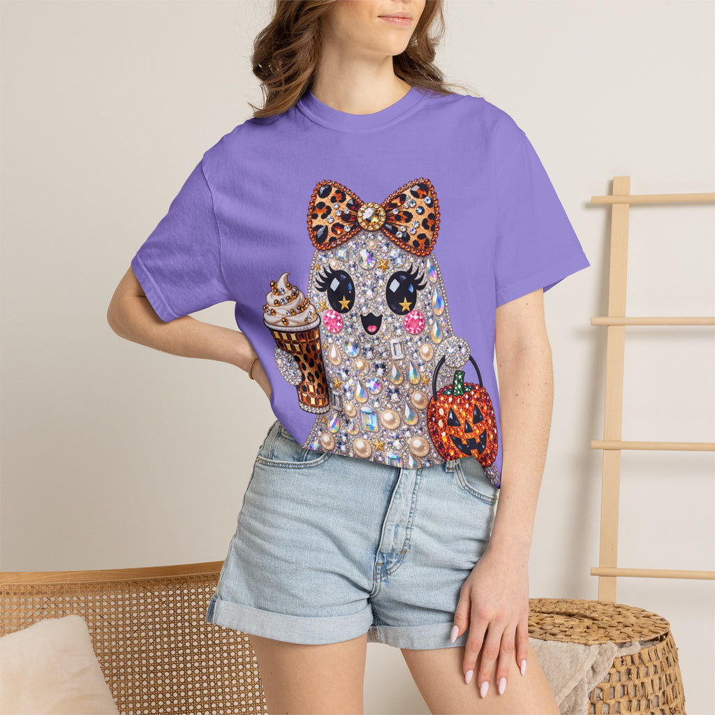 Halloween Sparkle Ghost T-Shirt — Cute Gemstone Ghost with Pumpkin & Coffee