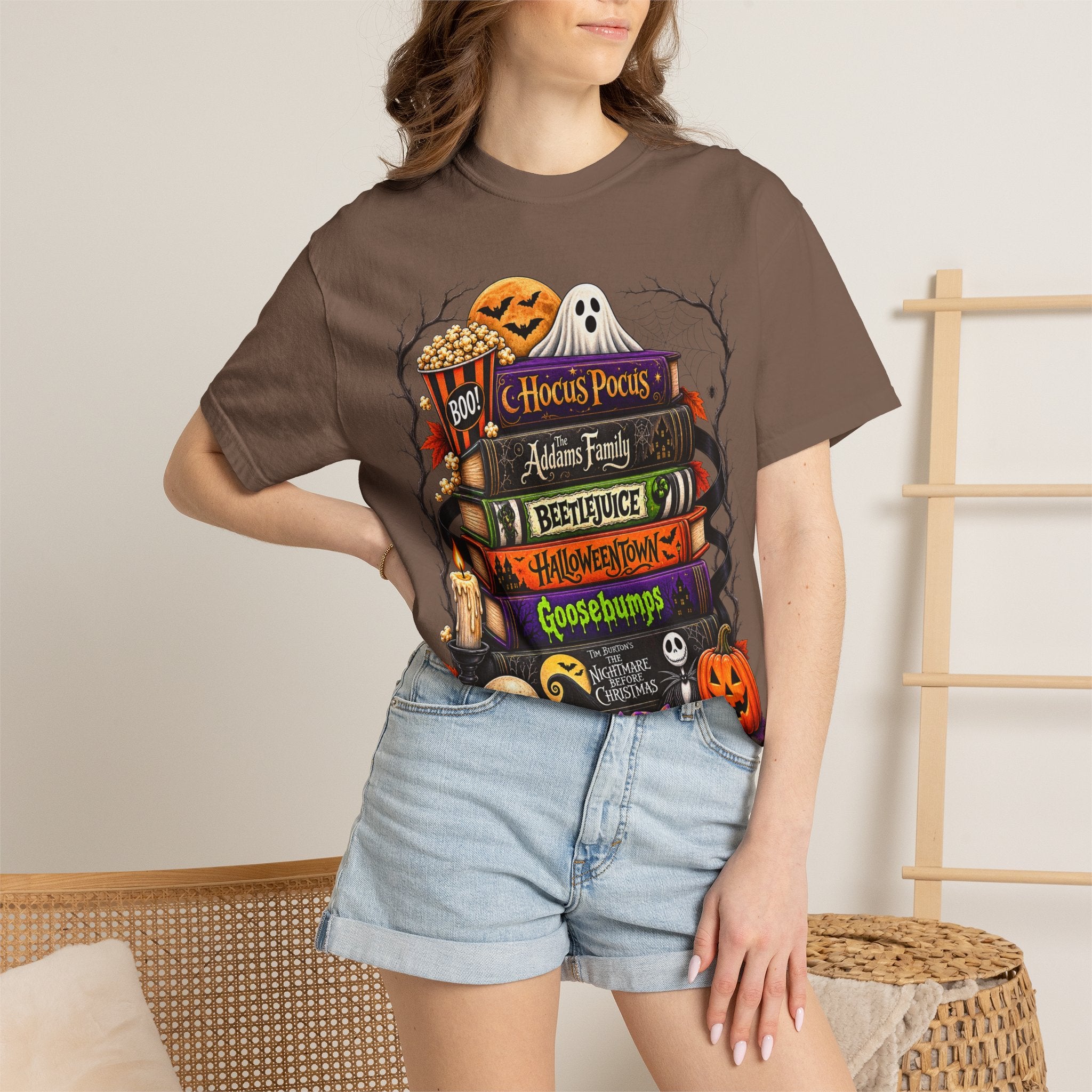 Halloween Horror Book Stack T-Shirt — Hocus Pocus, Beetlejuice, Goosebumps Design