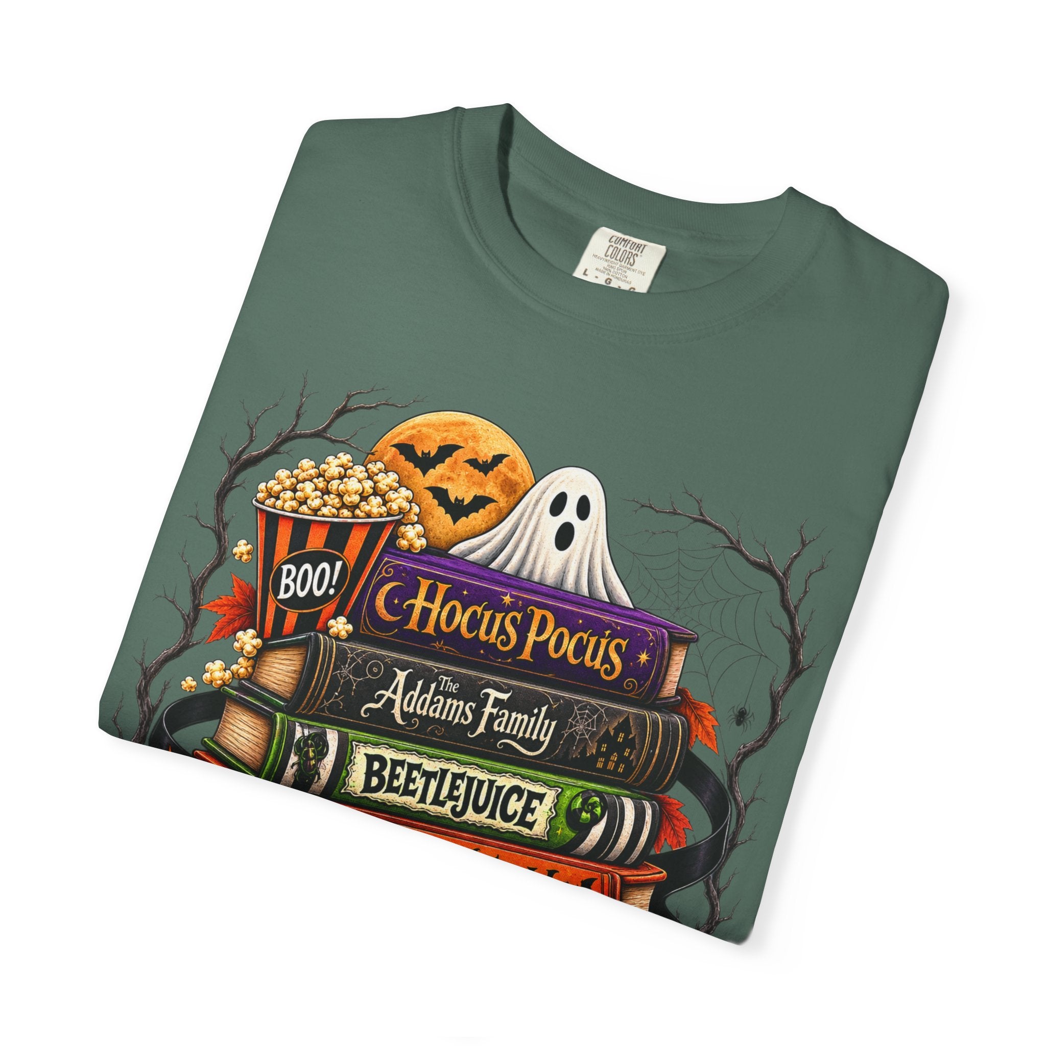 Halloween Horror Book Stack T-Shirt — Hocus Pocus, Beetlejuice, Goosebumps Design