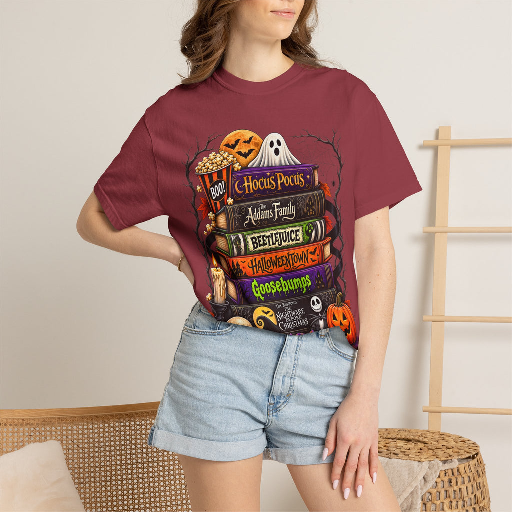 Halloween Horror Book Stack T-Shirt — Hocus Pocus, Beetlejuice, Goosebumps Design
