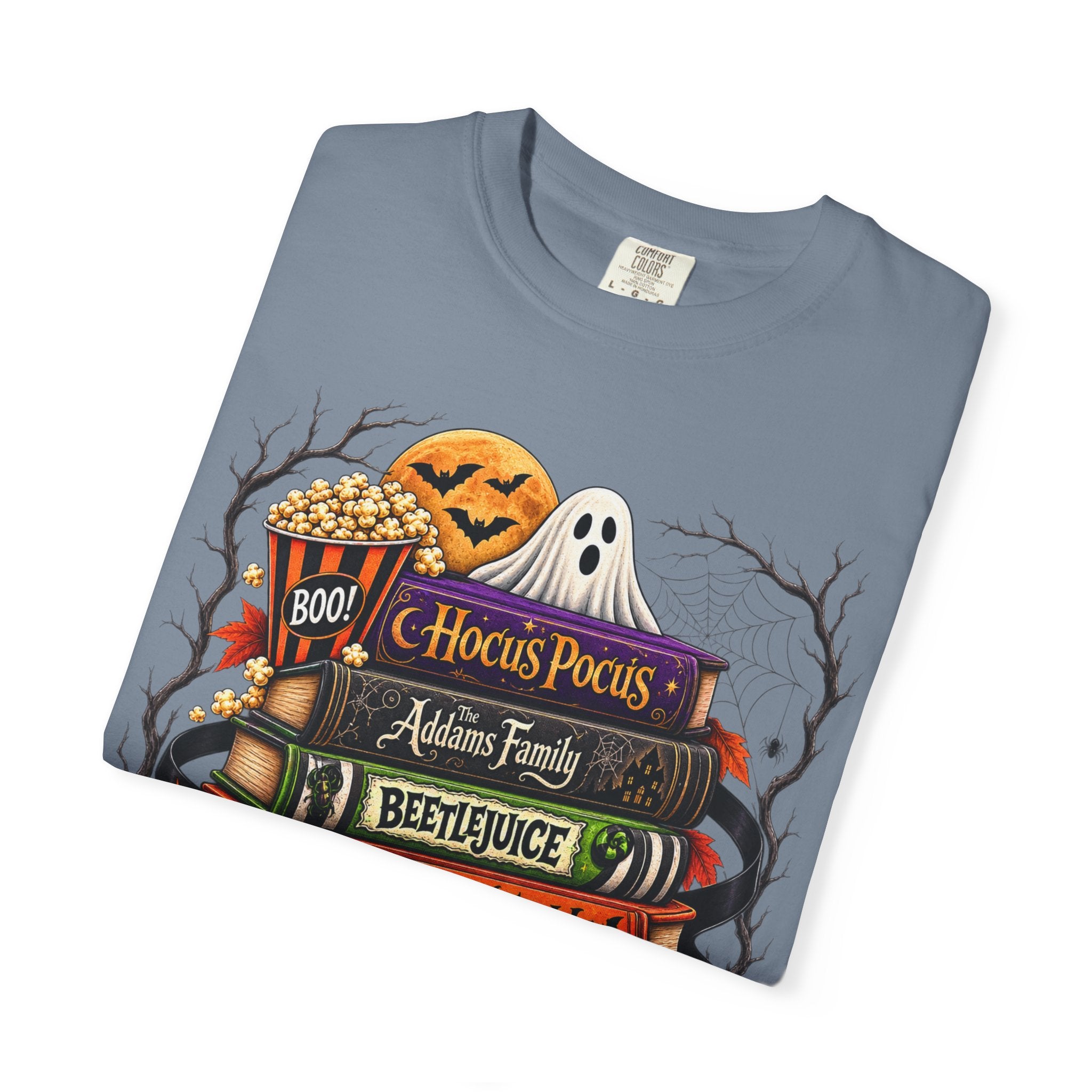 Halloween Horror Book Stack T-Shirt — Hocus Pocus, Beetlejuice, Goosebumps Design