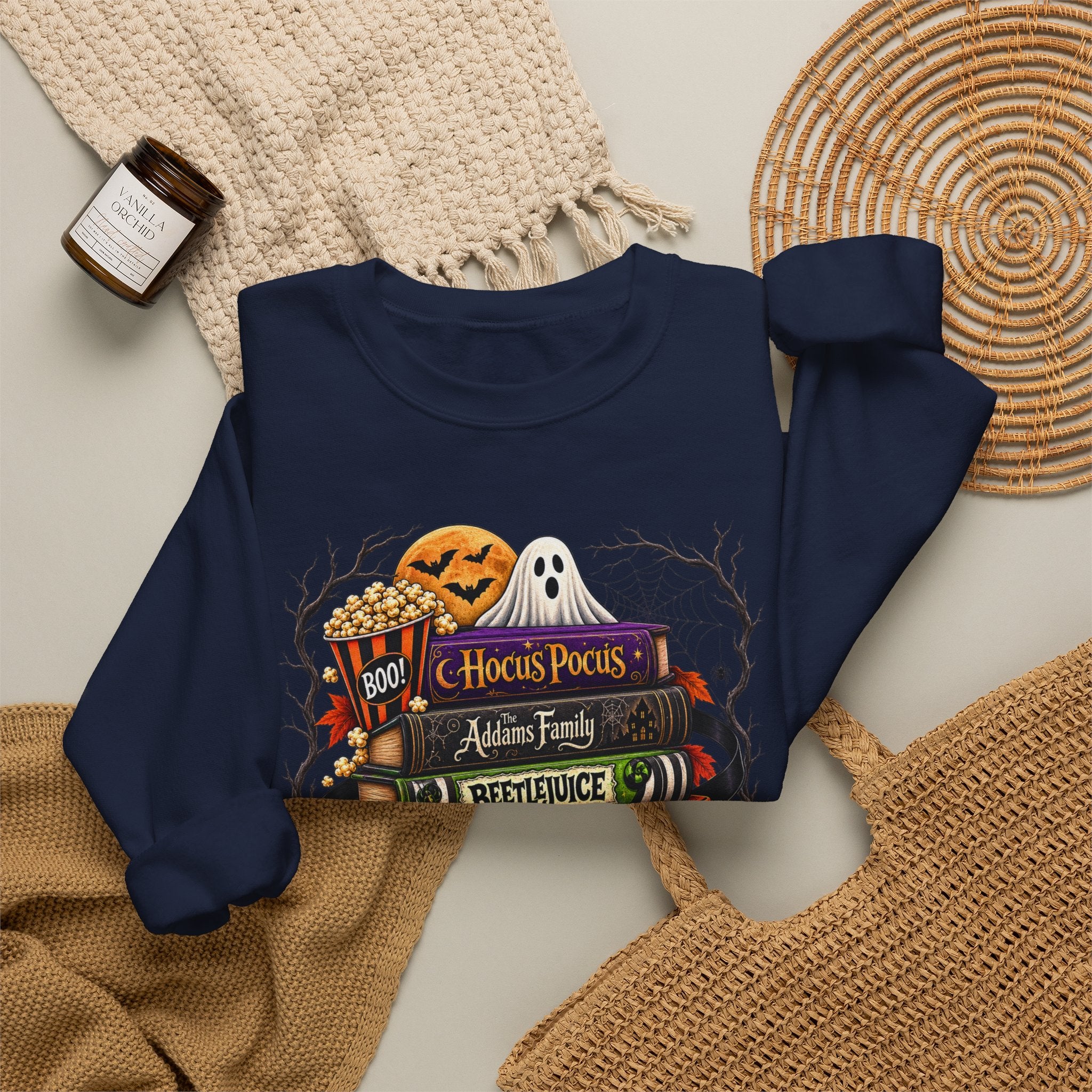 Halloween Horror Book Stack Sweatshirt — Spooky Pumpkin & Skull Cozy Crewneck