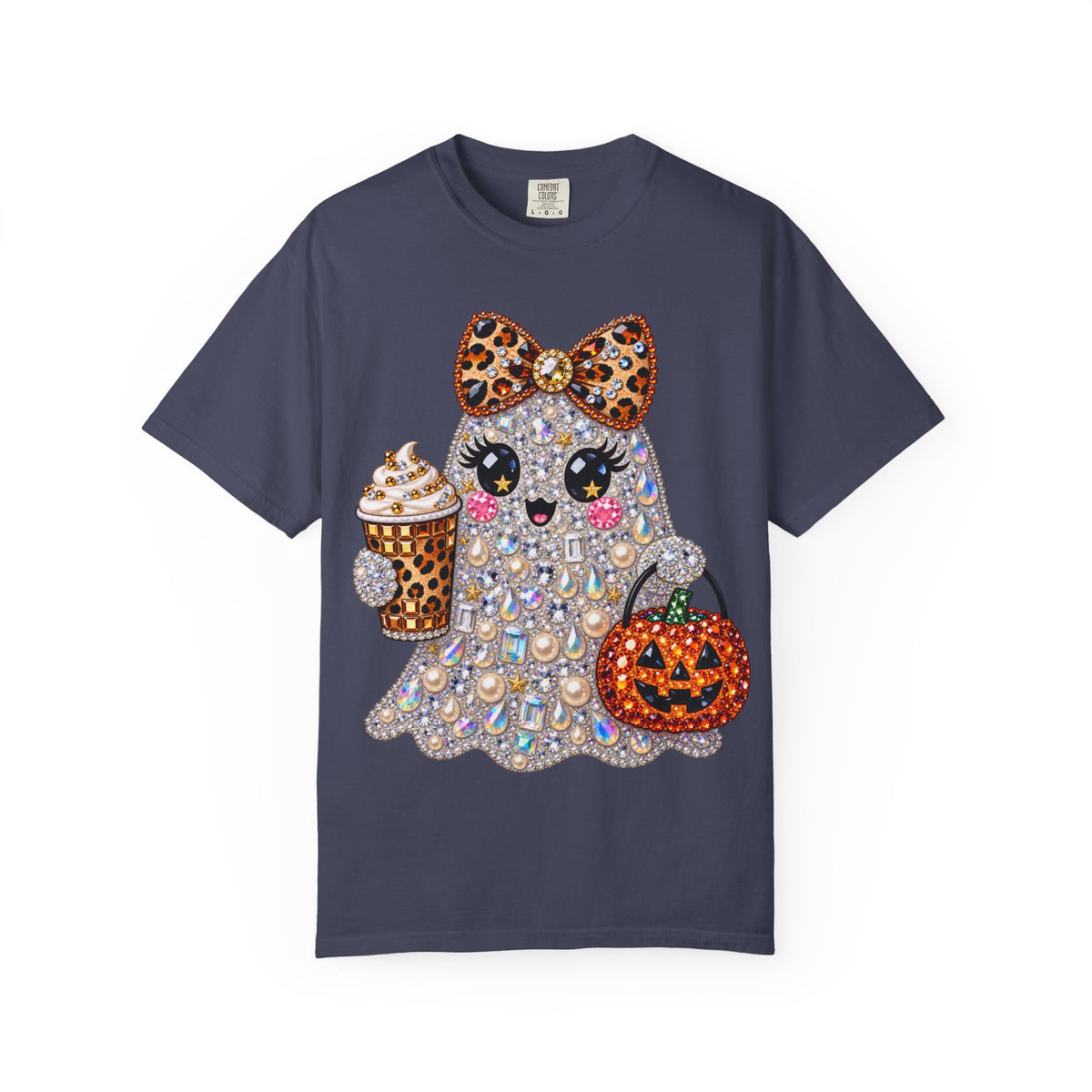 Halloween Sparkle Ghost T-Shirt — Cute Gemstone Ghost with Pumpkin & Coffee