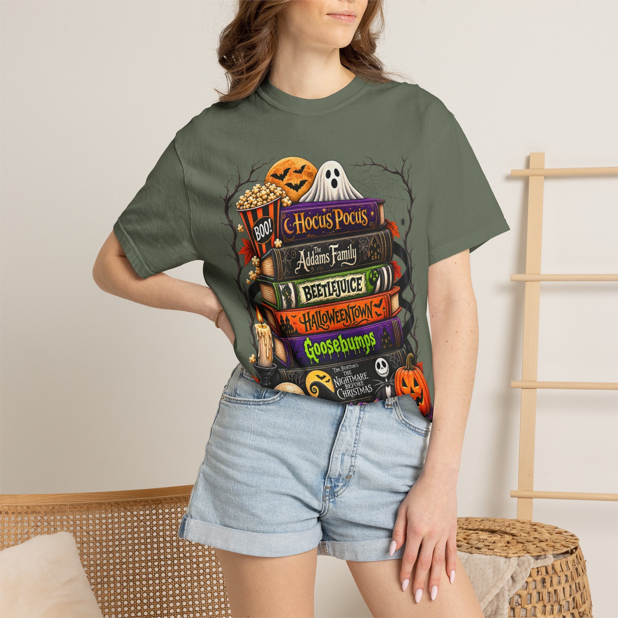 Halloween Horror Book Stack T-Shirt — Hocus Pocus, Beetlejuice, Goosebumps Design