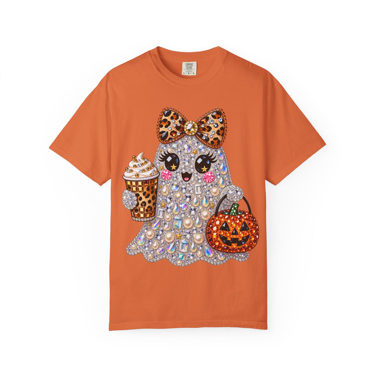 Halloween Sparkle Ghost T-Shirt — Cute Gemstone Ghost with Pumpkin & Coffee