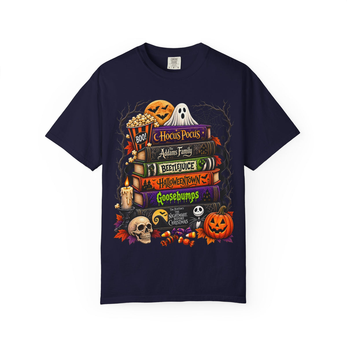 Halloween Horror Book Stack T-Shirt — Hocus Pocus, Beetlejuice, Goosebumps Design