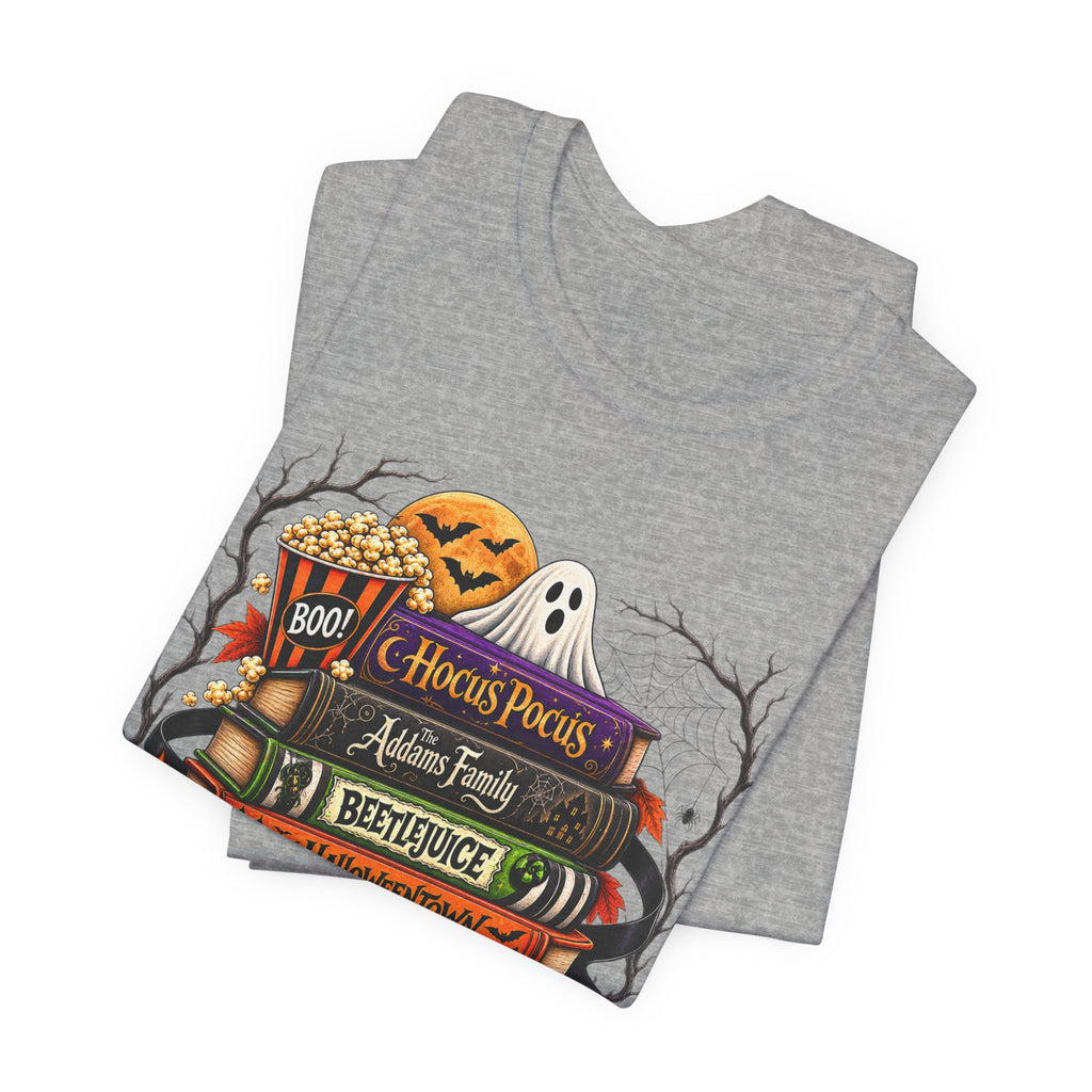 Halloween Horror Book Stack Tee — Hocus Pocus, Beetlejuice, Goosebumps Graphic T-Shirt