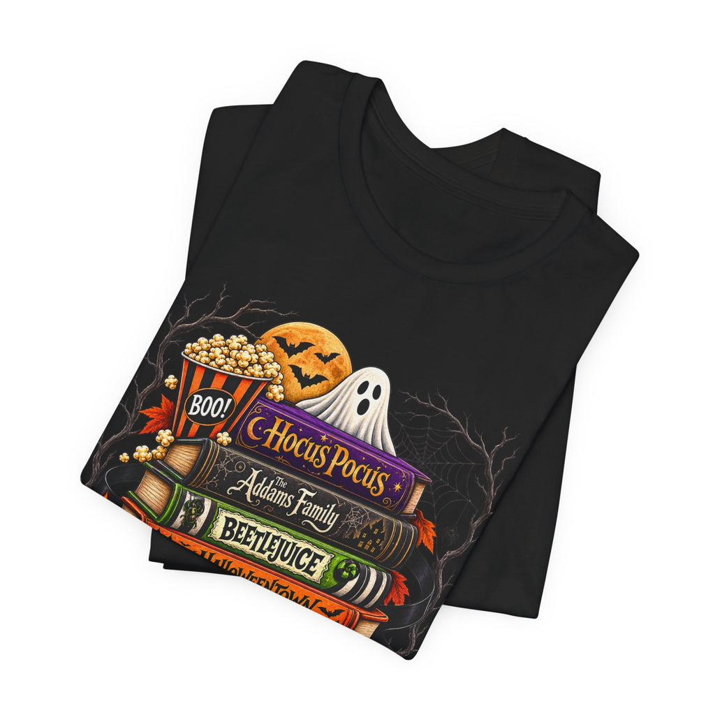Halloween Horror Book Stack Tee — Hocus Pocus, Beetlejuice, Goosebumps Graphic T-Shirt