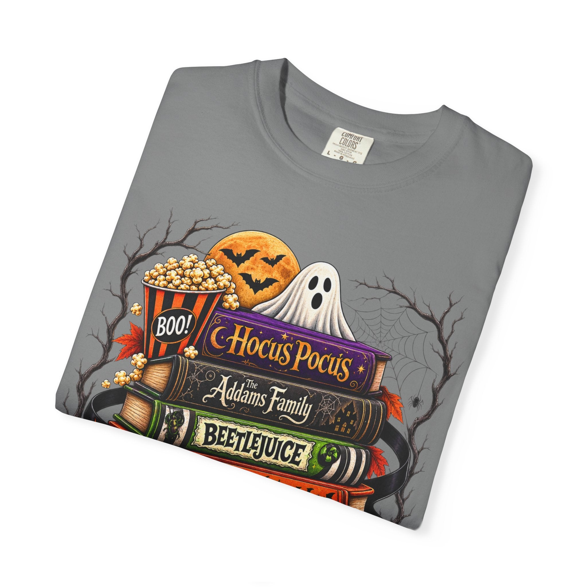 Halloween Horror Book Stack T-Shirt — Hocus Pocus, Beetlejuice, Goosebumps Design
