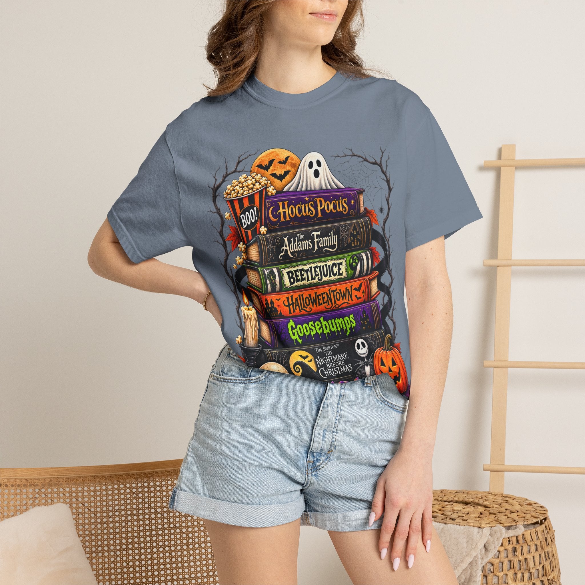 Halloween Horror Book Stack T-Shirt — Hocus Pocus, Beetlejuice, Goosebumps Design