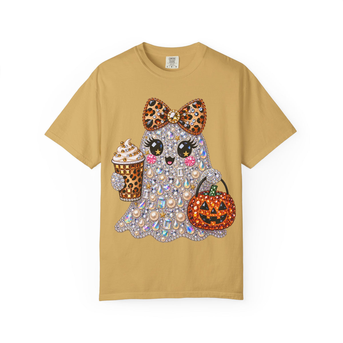 Halloween Sparkle Ghost T-Shirt — Cute Gemstone Ghost with Pumpkin & Coffee