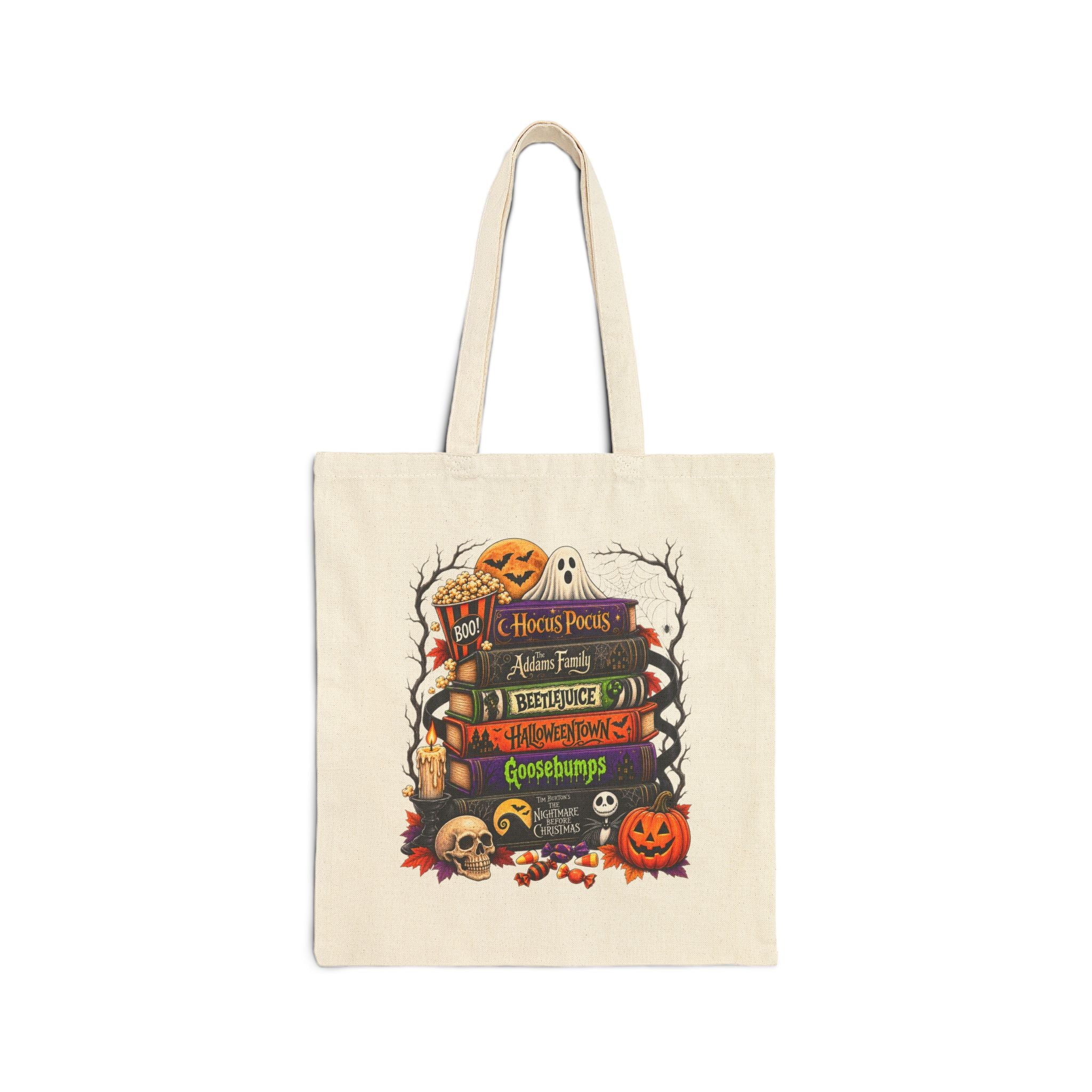 Halloween Horror Bookstack Canvas Tote — Spooky Pumpkin & Ghost Library Bag