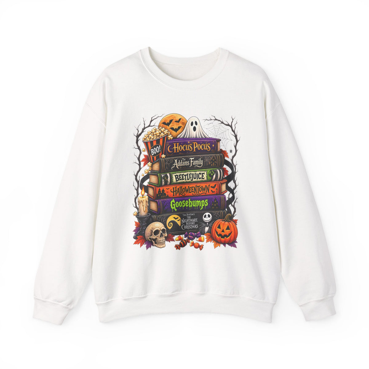 Halloween Horror Book Stack Sweatshirt — Spooky Pumpkin & Skull Cozy Crewneck