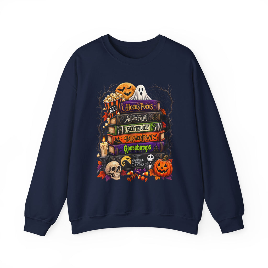 Halloween Horror Book Stack Sweatshirt — Spooky Pumpkin & Skull Cozy Crewneck