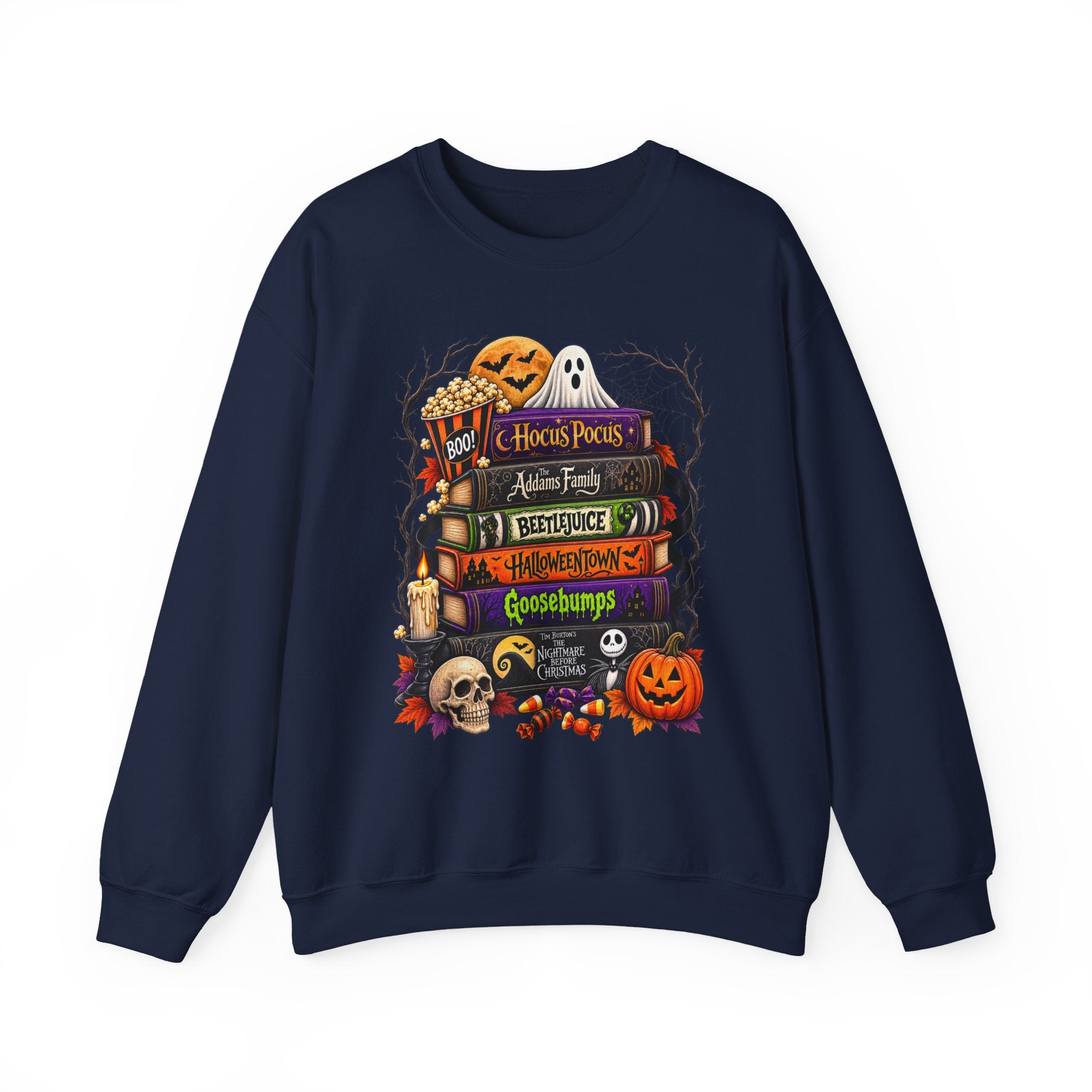 Halloween Horror Book Stack Sweatshirt — Spooky Pumpkin & Skull Cozy Crewneck