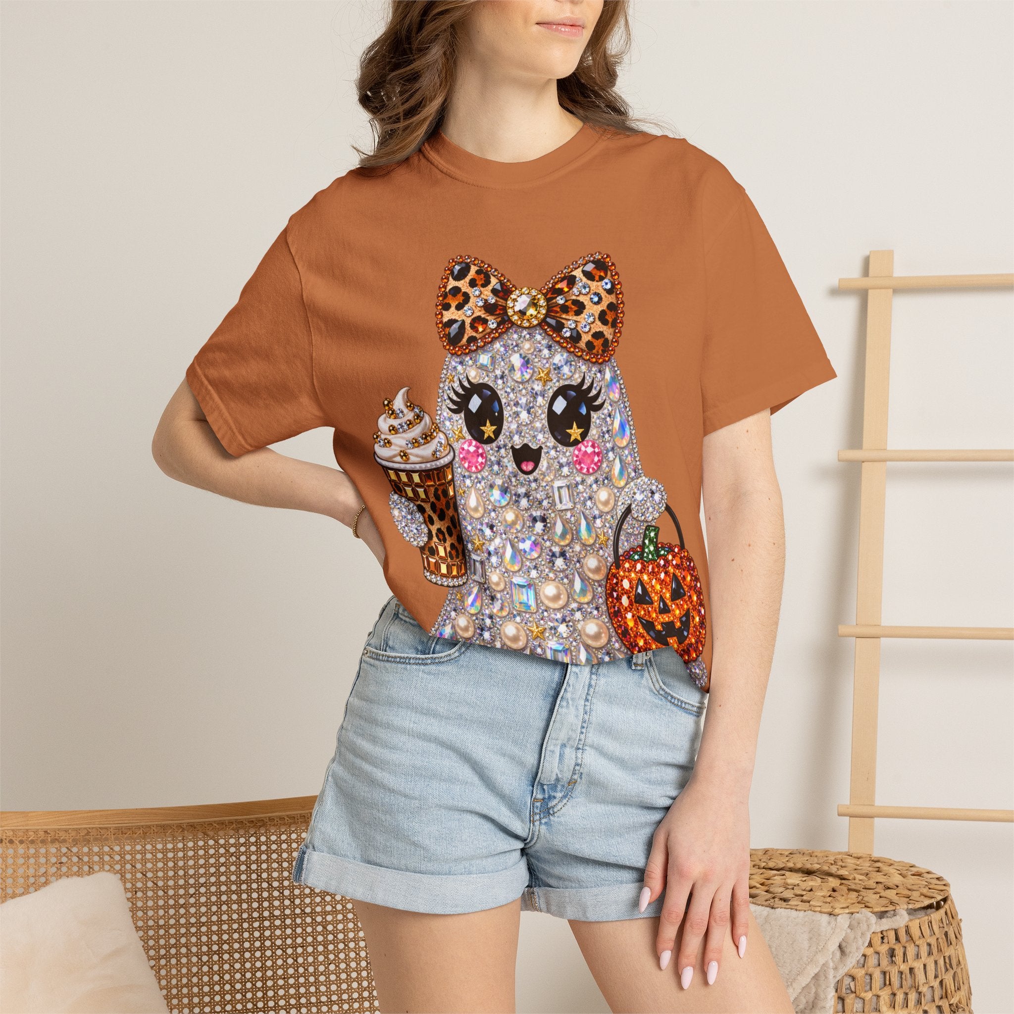 Halloween Sparkle Ghost T-Shirt — Cute Gemstone Ghost with Pumpkin & Coffee