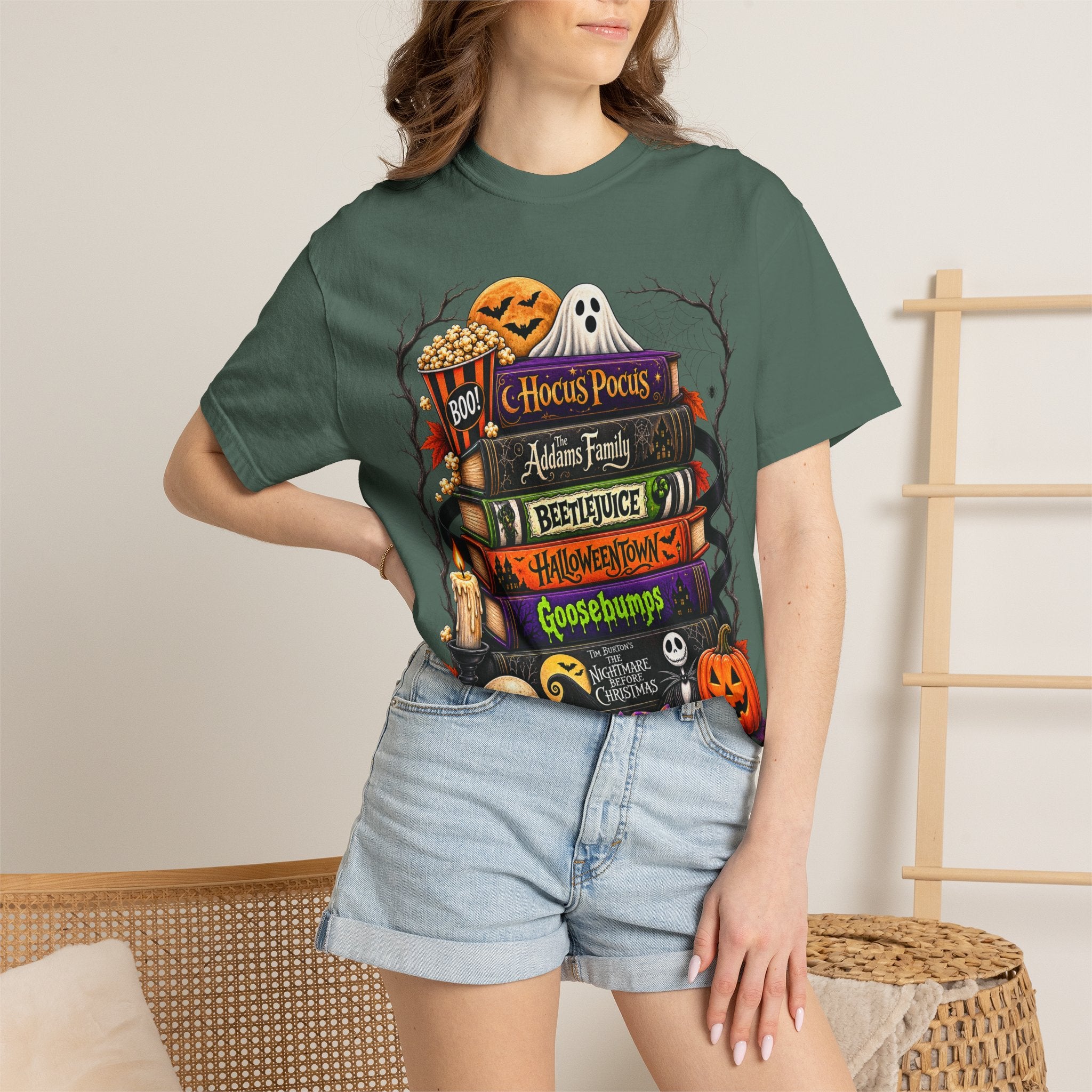 Halloween Horror Book Stack T-Shirt — Hocus Pocus, Beetlejuice, Goosebumps Design