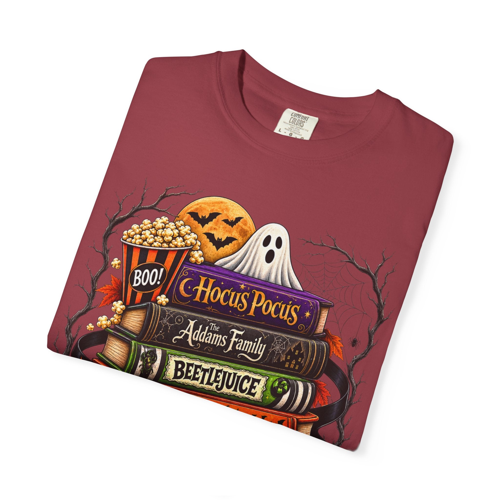 Halloween Horror Book Stack T-Shirt — Hocus Pocus, Beetlejuice, Goosebumps Design