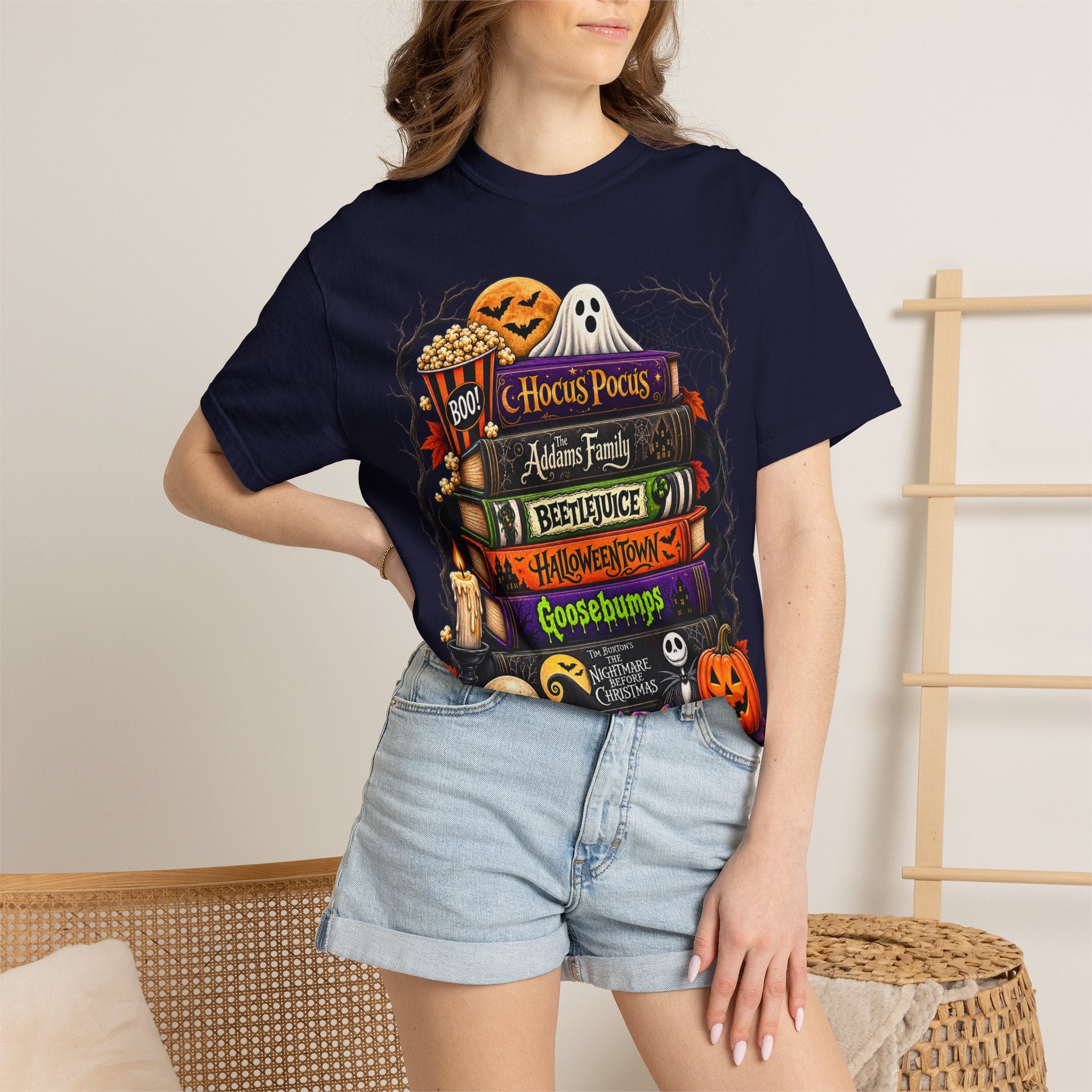 Halloween Horror Book Stack T-Shirt — Hocus Pocus, Beetlejuice, Goosebumps Design