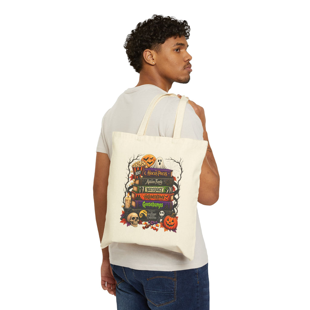 Halloween Horror Bookstack Canvas Tote — Spooky Pumpkin & Ghost Library Bag