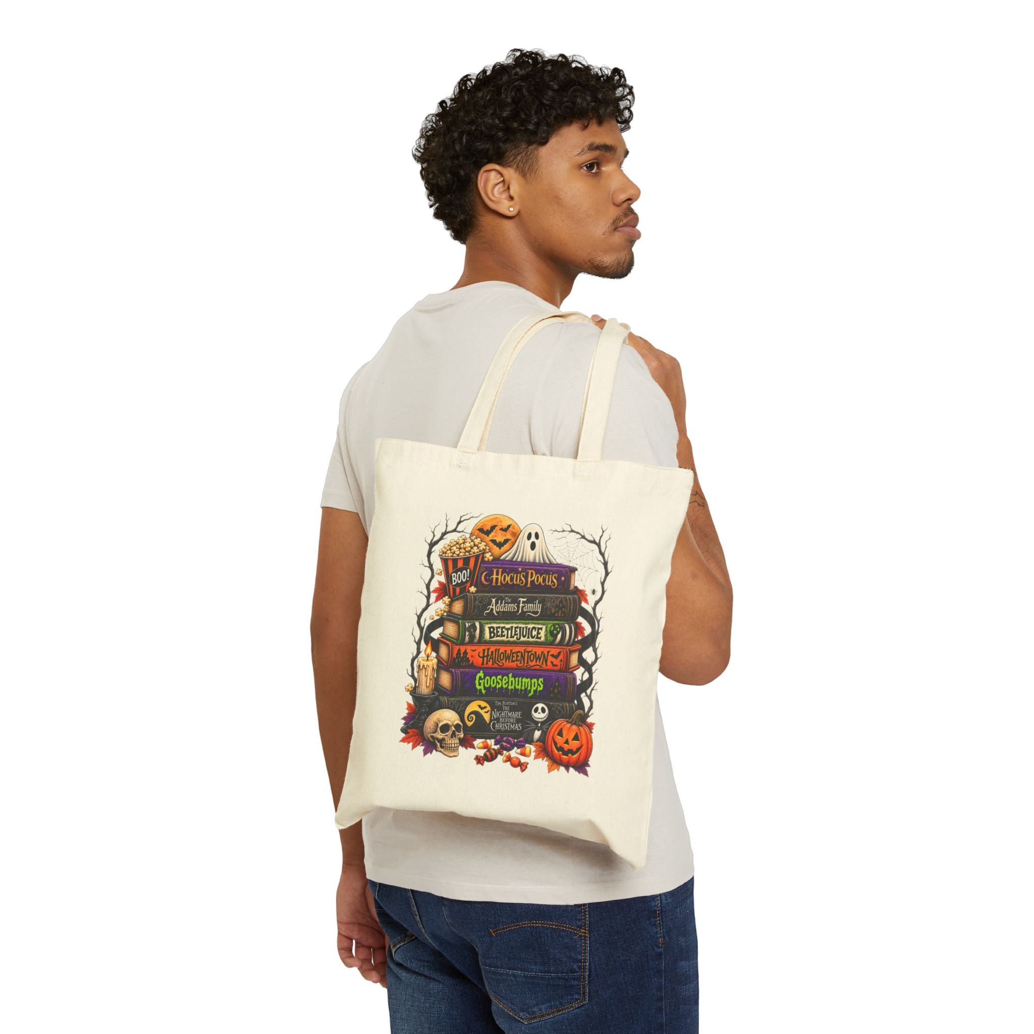 Halloween Horror Bookstack Canvas Tote — Spooky Pumpkin & Ghost Library Bag