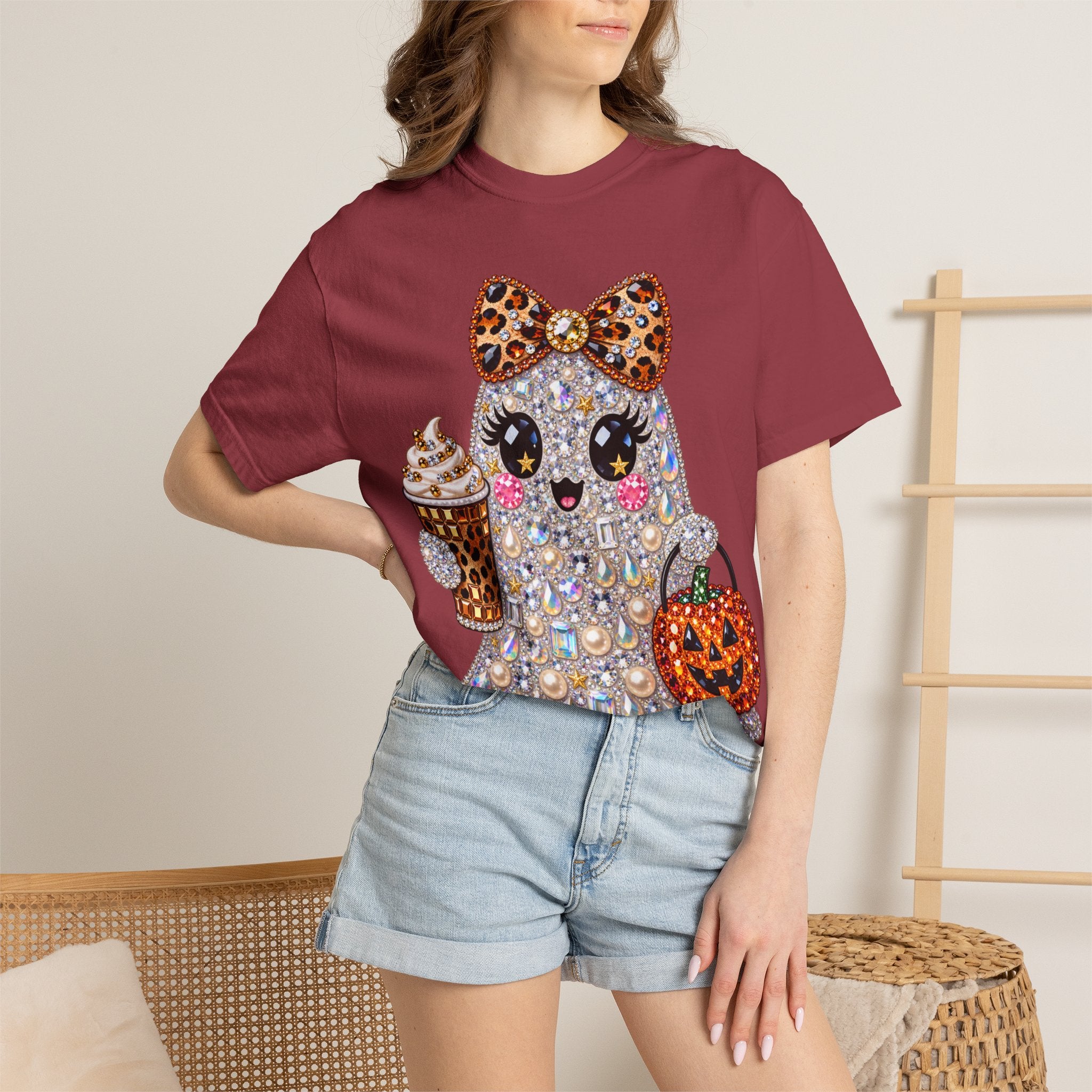 Halloween Sparkle Ghost T-Shirt — Cute Gemstone Ghost with Pumpkin & Coffee