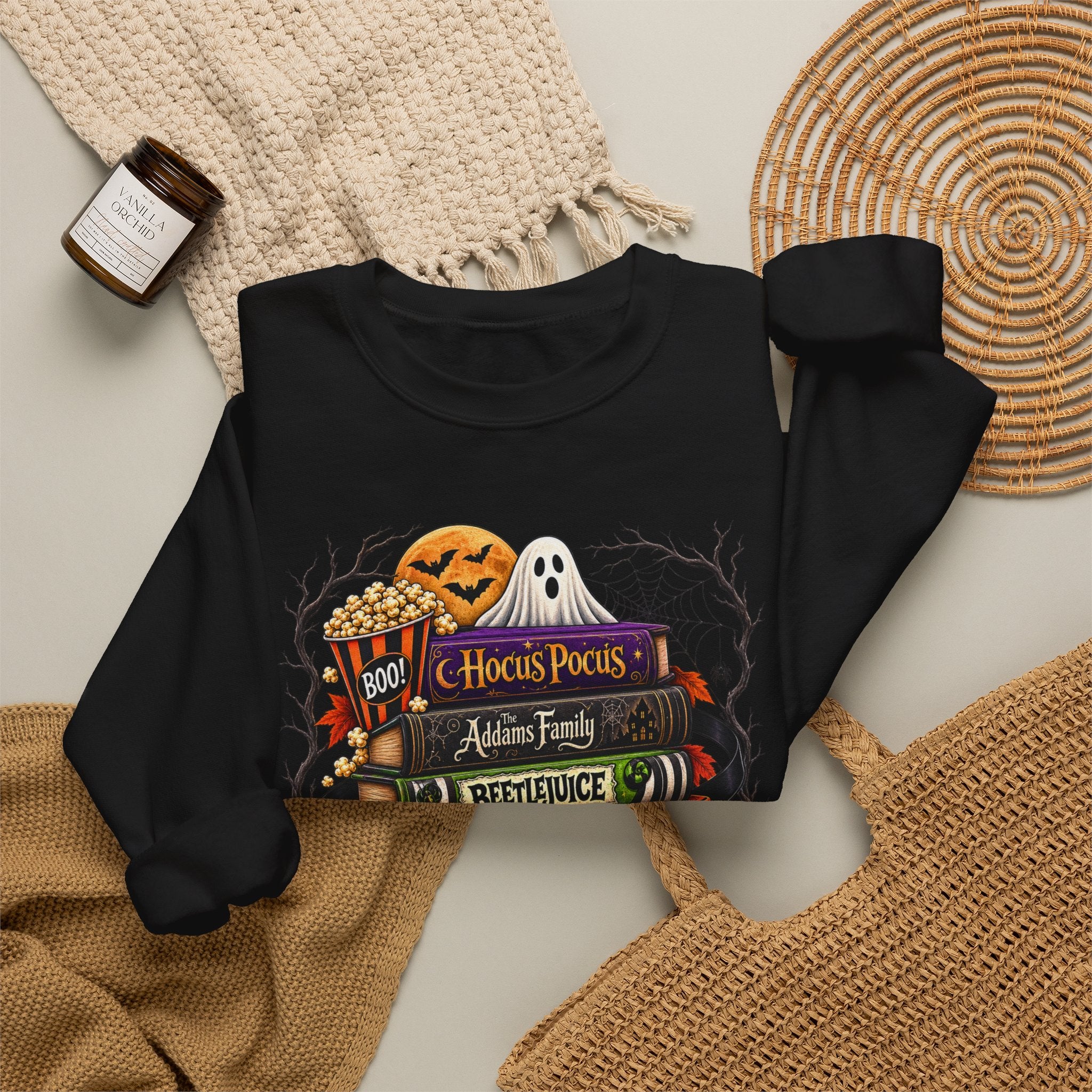 Halloween Horror Book Stack Sweatshirt — Spooky Pumpkin & Skull Cozy Crewneck