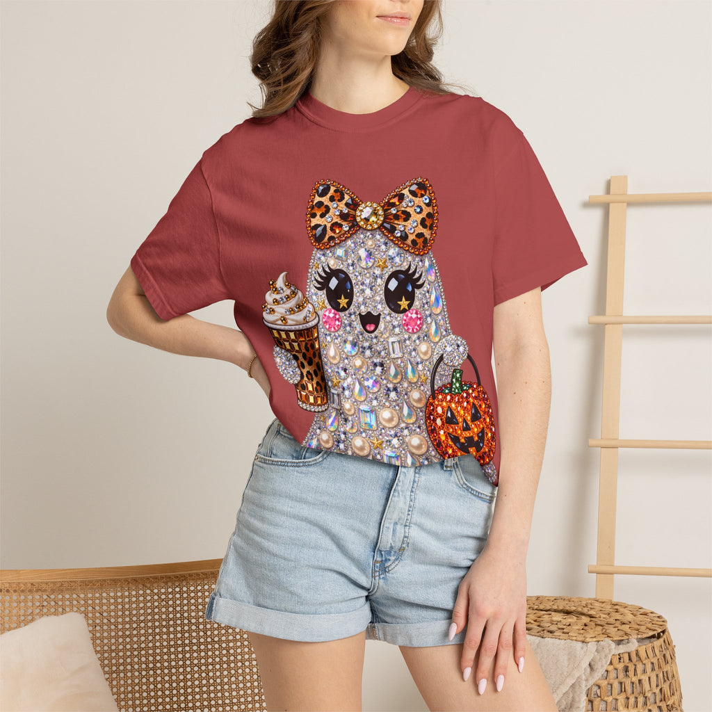 Halloween Sparkle Ghost T-Shirt — Cute Gemstone Ghost with Pumpkin & Coffee