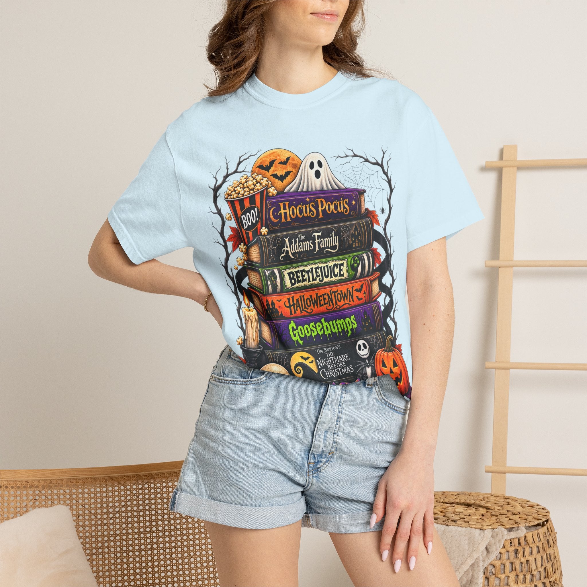 Halloween Horror Book Stack T-Shirt — Hocus Pocus, Beetlejuice, Goosebumps Design