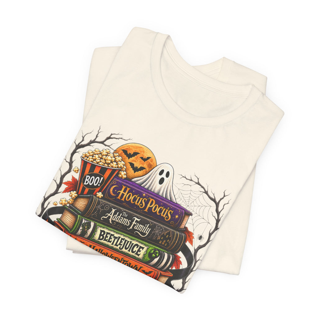 Halloween Horror Book Stack Tee — Hocus Pocus, Beetlejuice, Goosebumps Graphic T-Shirt