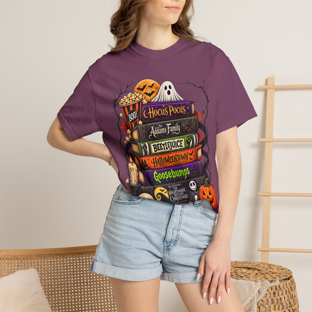 Halloween Horror Book Stack T-Shirt — Hocus Pocus, Beetlejuice, Goosebumps Design