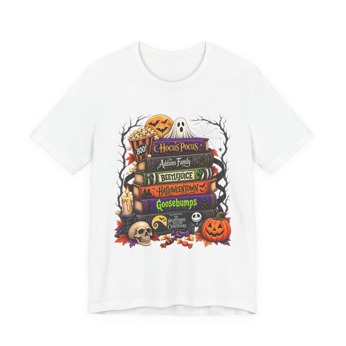 Halloween Horror Book Stack Tee — Hocus Pocus, Beetlejuice, Goosebumps Graphic T-Shirt