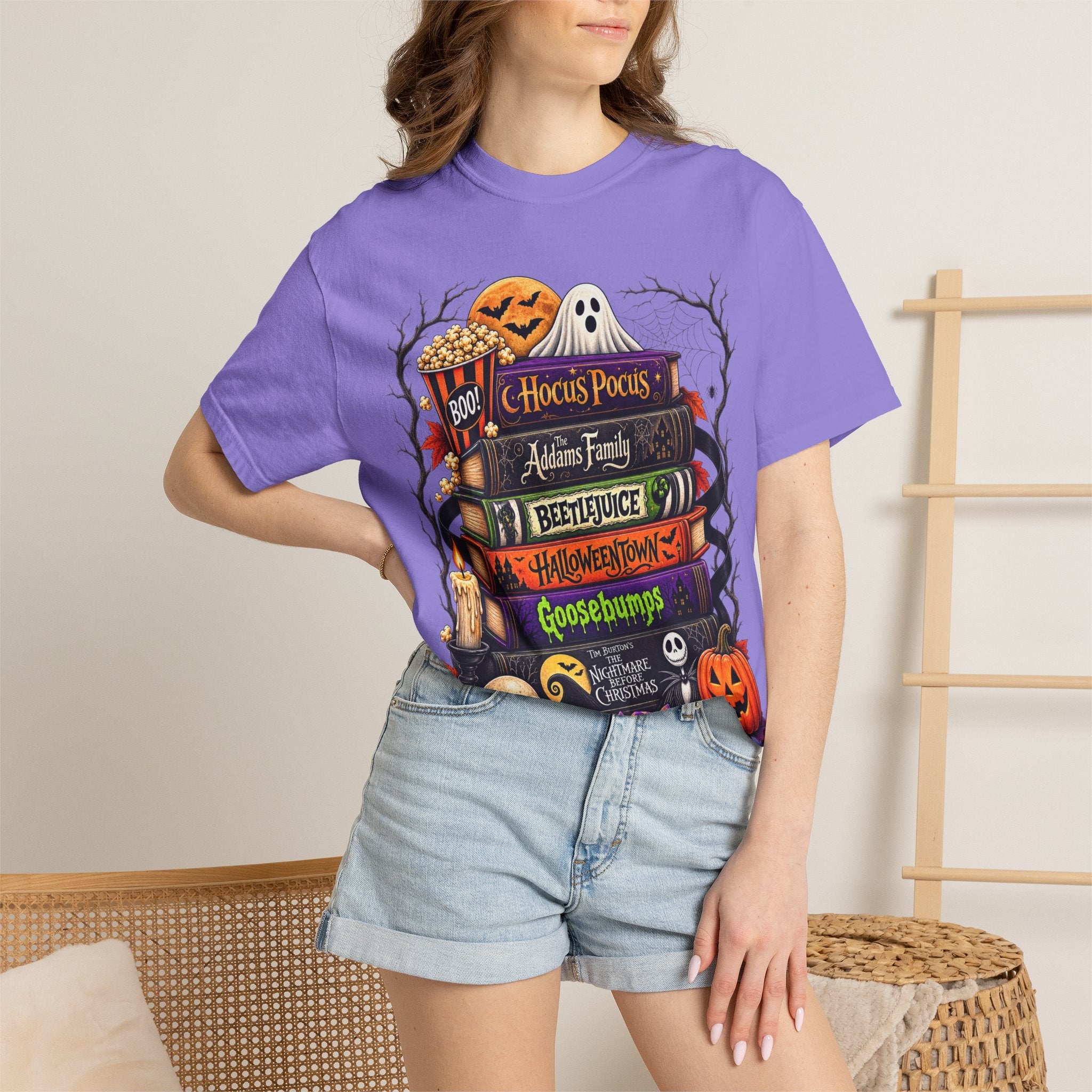 Halloween Horror Book Stack T-Shirt — Hocus Pocus, Beetlejuice, Goosebumps Design