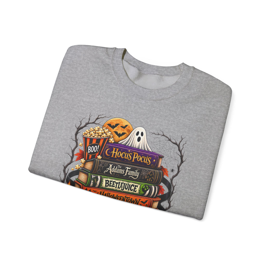 Halloween Horror Book Stack Sweatshirt — Spooky Pumpkin & Skull Cozy Crewneck