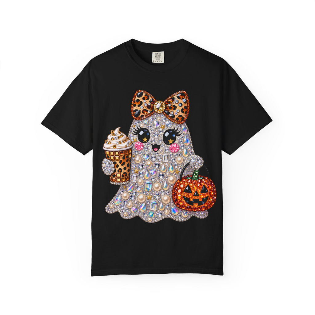 Halloween Sparkle Ghost T-Shirt — Cute Gemstone Ghost with Pumpkin & Coffee
