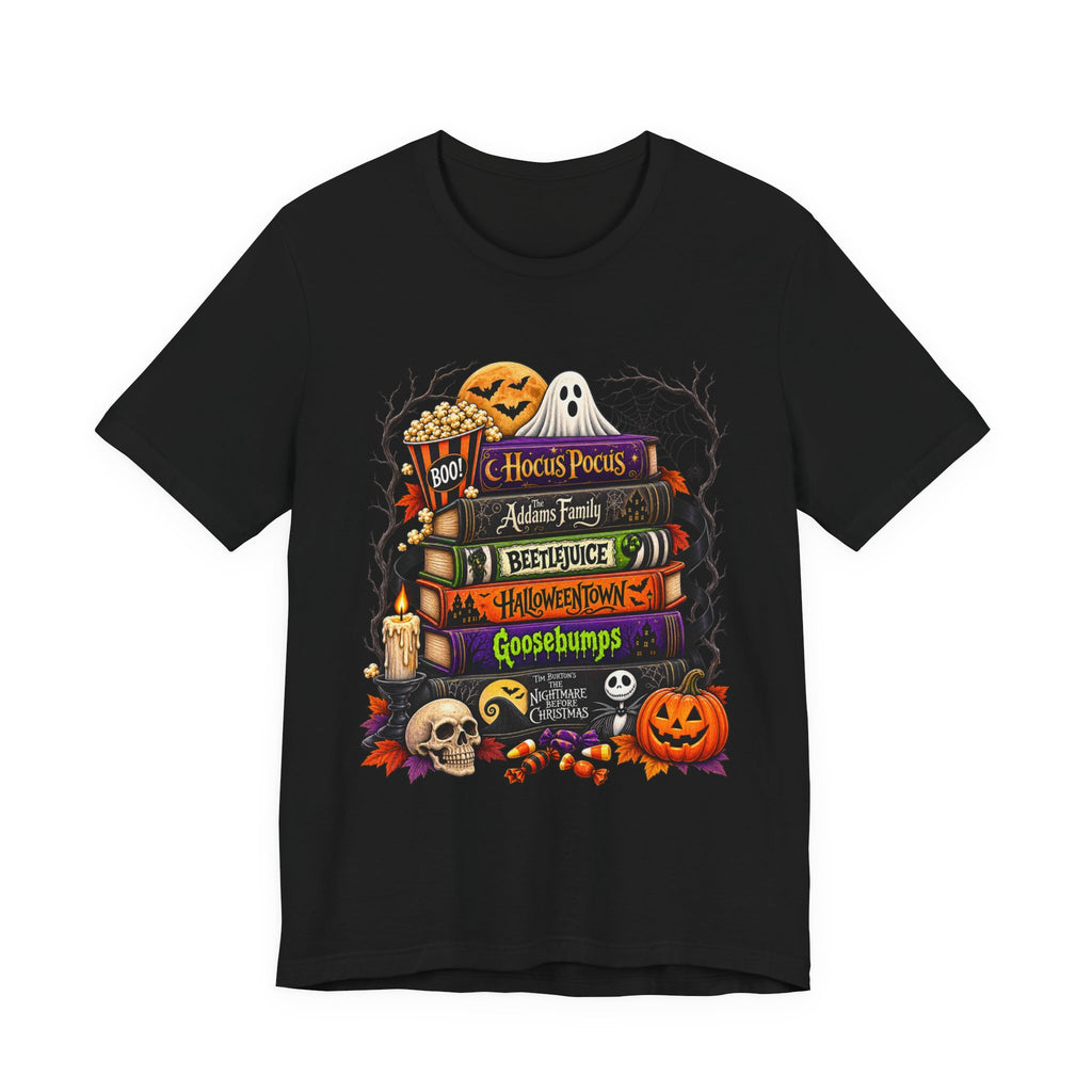 Halloween Horror Book Stack Tee — Hocus Pocus, Beetlejuice, Goosebumps Graphic T-Shirt